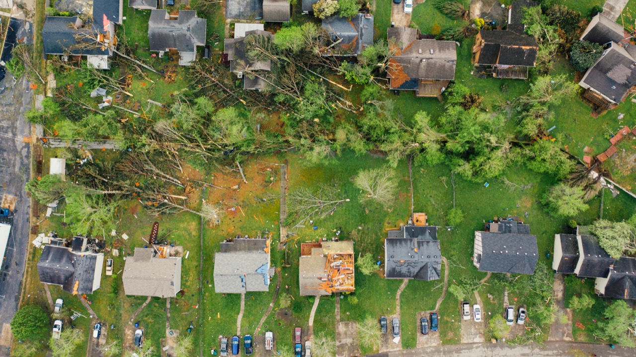 Storm damaged roof in Atlanta requiring emergency repair
